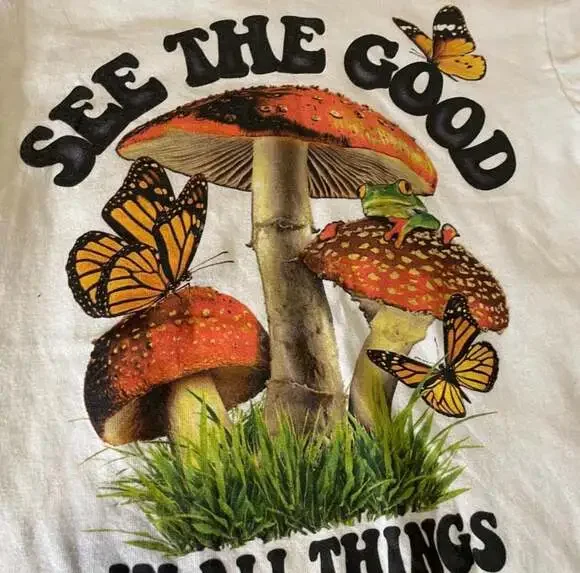 D O M 'See The Good In All Things' Mushroom and Butterfly Graphic T-Shirt - Picture 2 of 5